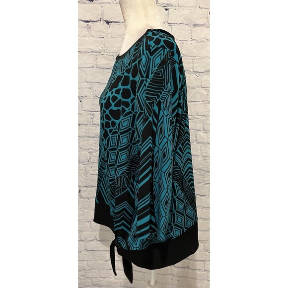 Susan Graver Printed Long Sleeve Tunic Blouse Tie Waist Size 1X Black Turquoise - Picture 3 of 6
